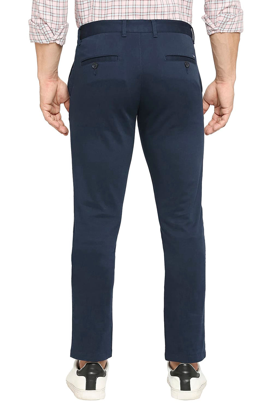 BASICS TAPERED FIT OUTER SPACE NAVY COTTON STRETCH DOBBY TROUSERS