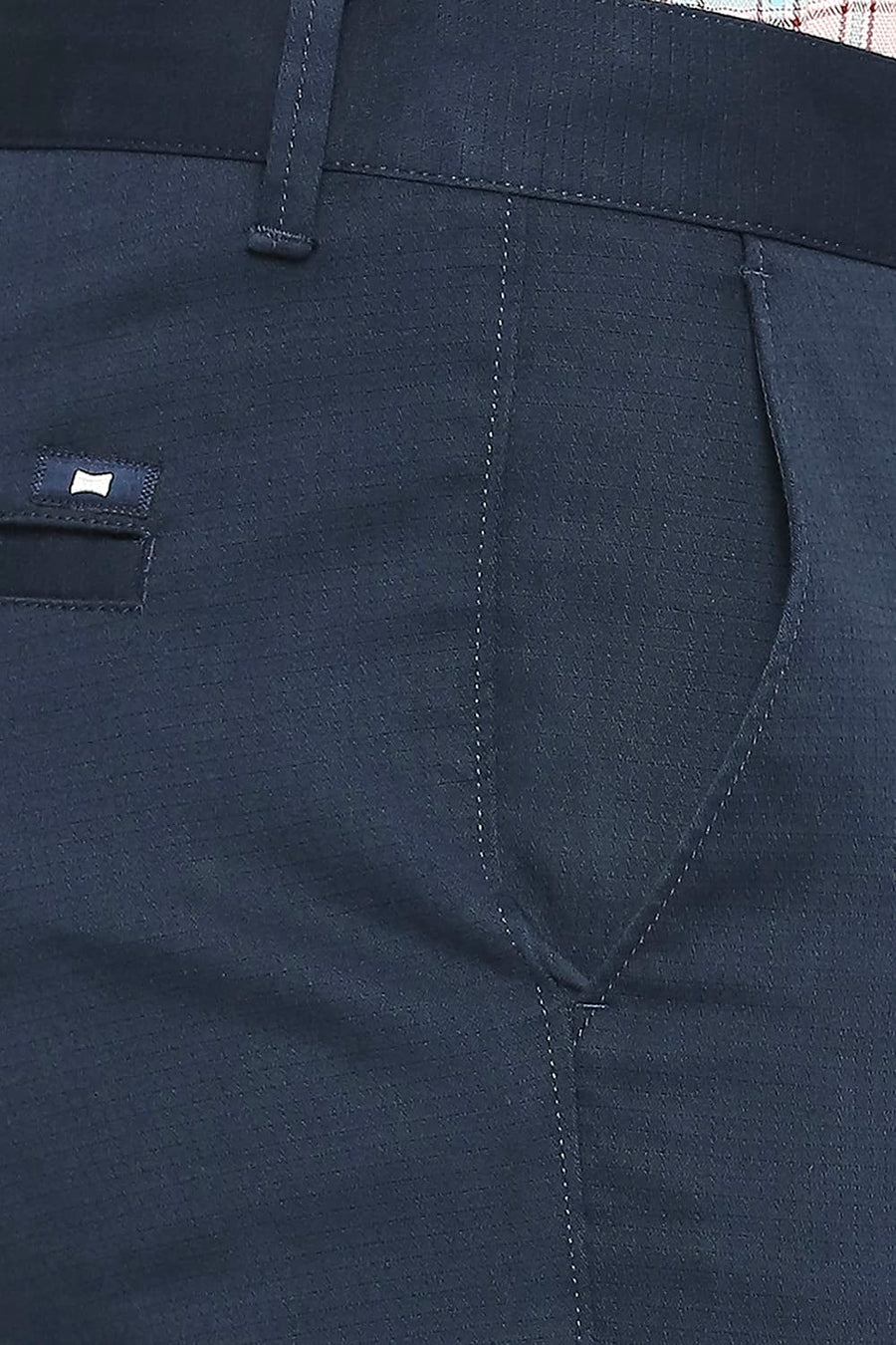 BASICS TAPERED FIT OUTER SPACE NAVY COTTON STRETCH DOBBY TROUSERS
