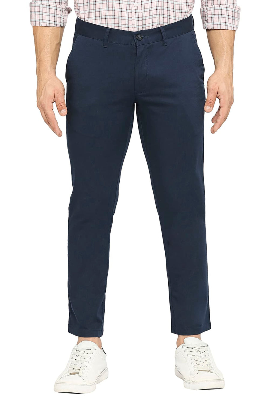 BASICS TAPERED FIT OUTER SPACE NAVY COTTON STRETCH DOBBY TROUSERS