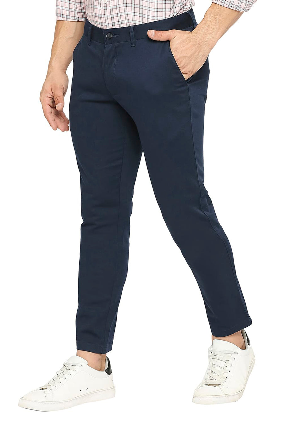 BASICS TAPERED FIT OUTER SPACE NAVY COTTON STRETCH DOBBY TROUSERS