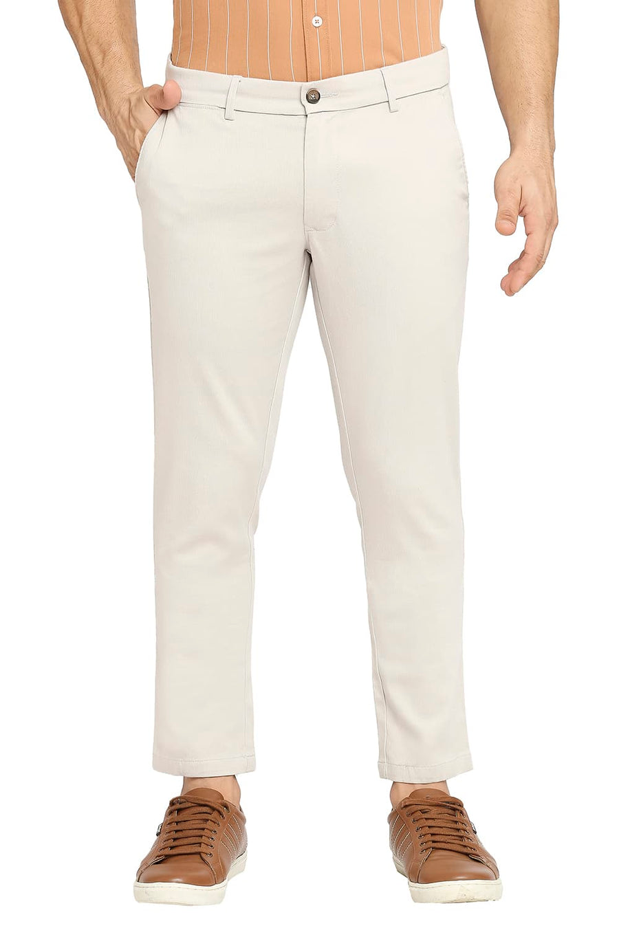 BASICS TAPERED FIT VINTAGE STONE COTTON STRETCH DOBBY TROUSERS