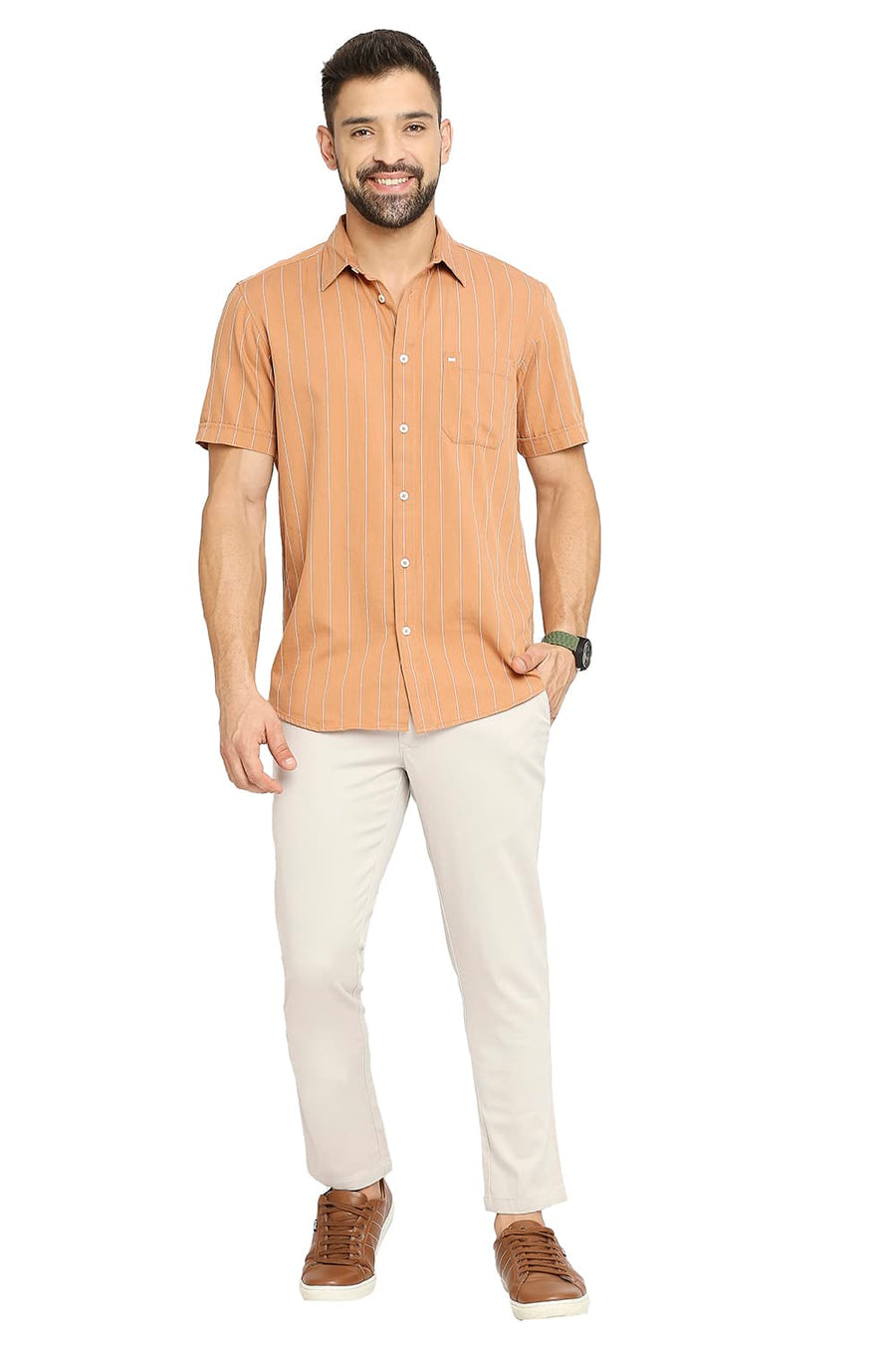 BASICS TAPERED FIT VINTAGE STONE COTTON STRETCH DOBBY TROUSERS