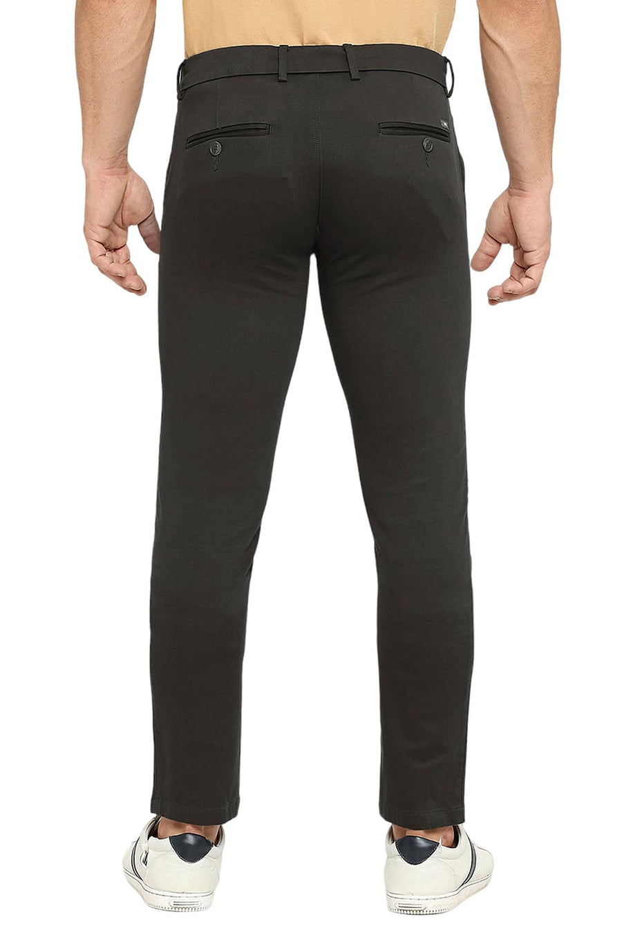 BASICS TAPERED FIT OLIVE NIGHT COTTON STRETCH DOBBY TROUSERS