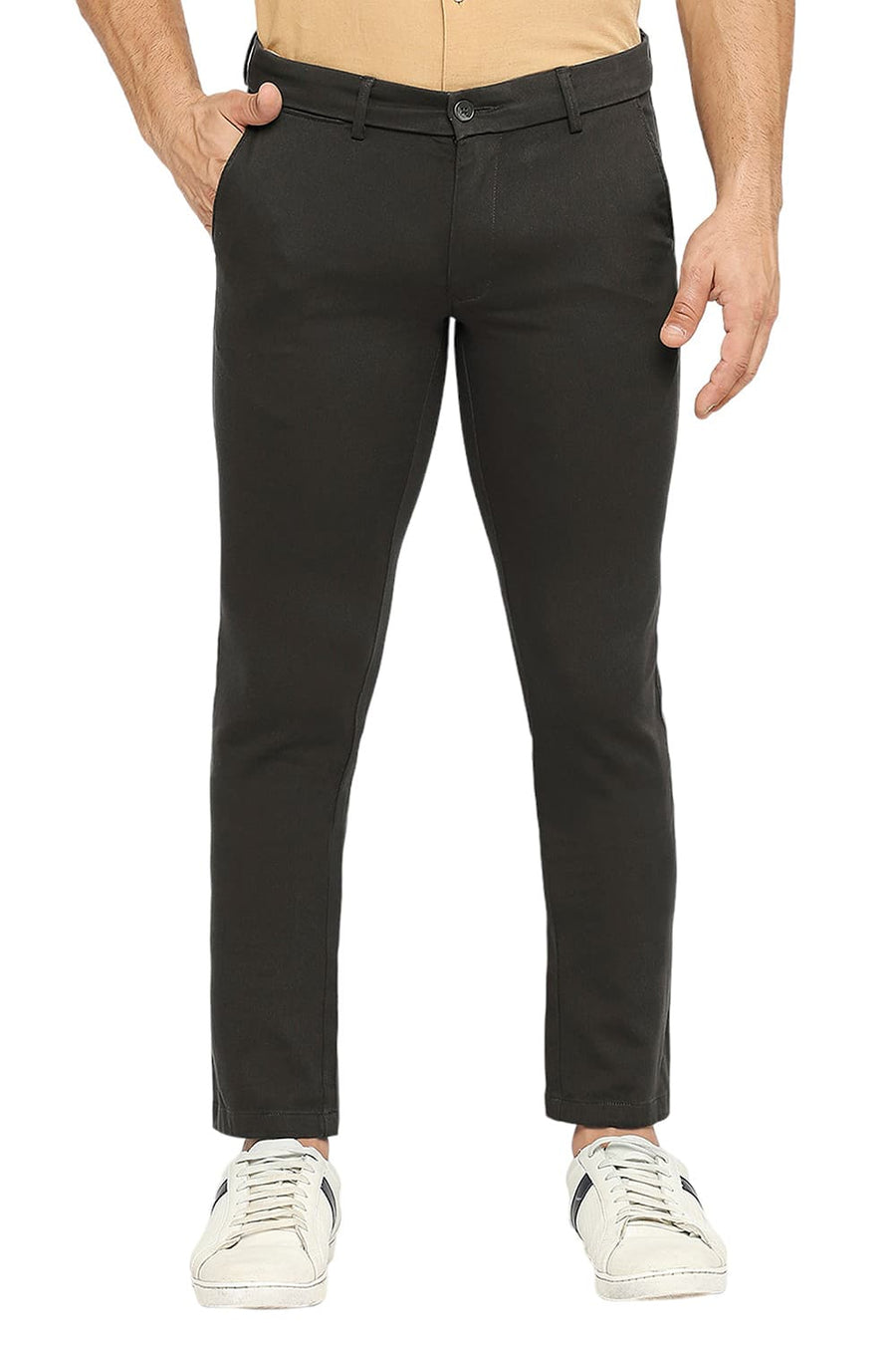 BASICS TAPERED FIT OLIVE NIGHT COTTON STRETCH DOBBY TROUSERS