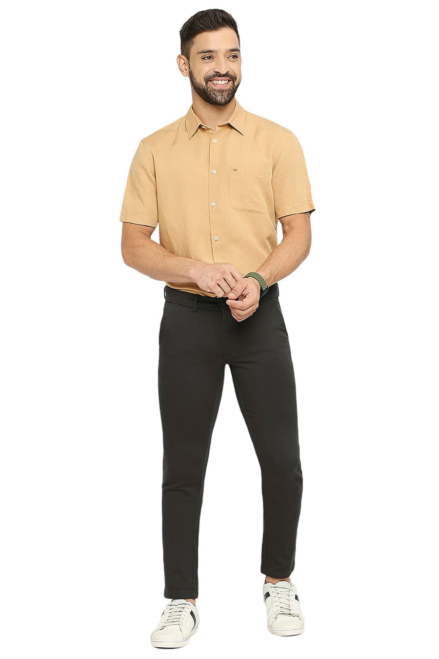 BASICS TAPERED FIT OLIVE NIGHT COTTON STRETCH DOBBY TROUSERS
