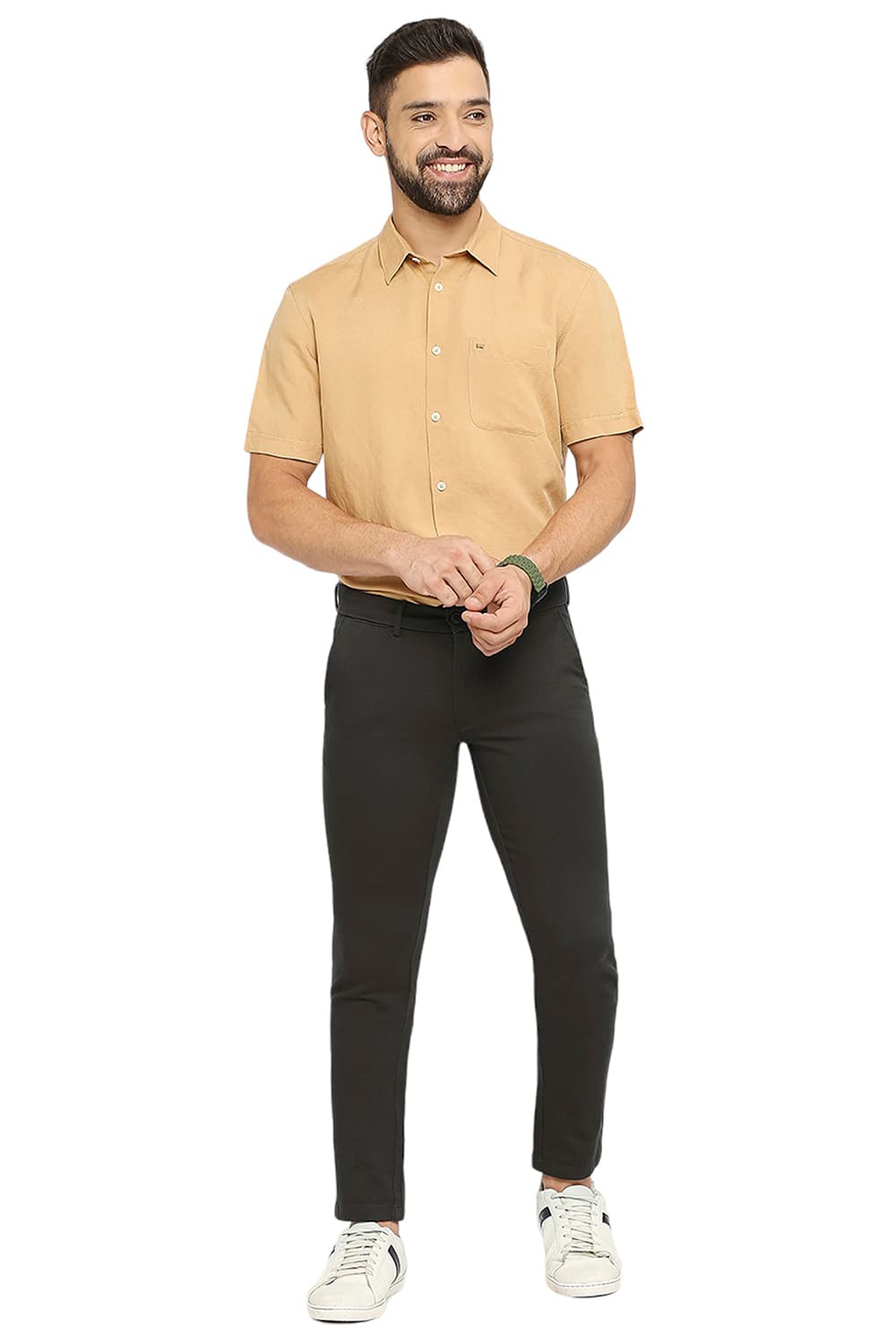 BASICS TAPERED FIT COTTON STRETCH DOBBY TROUSERS