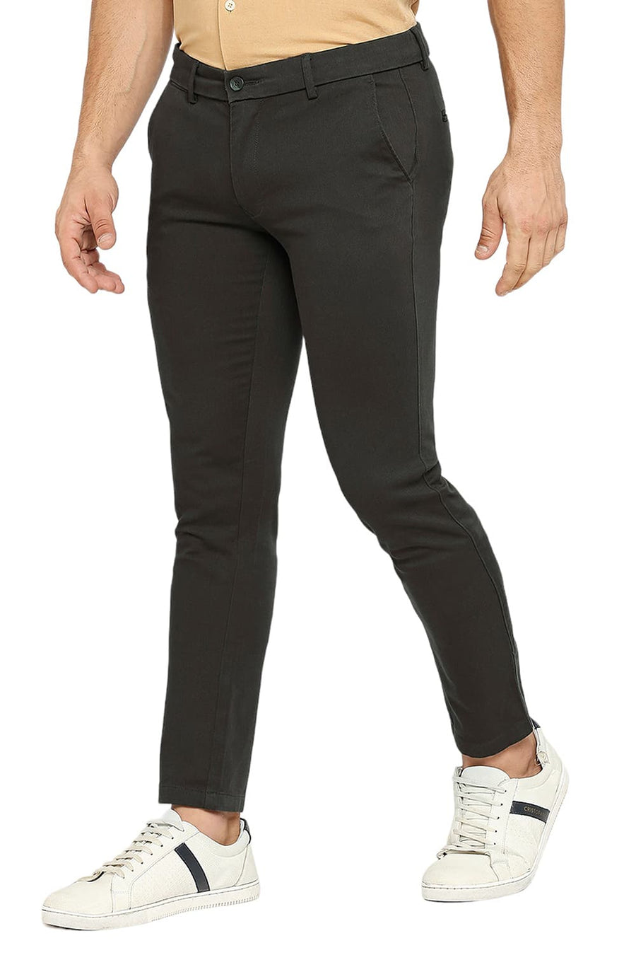 BASICS TAPERED FIT OLIVE NIGHT COTTON STRETCH DOBBY TROUSERS