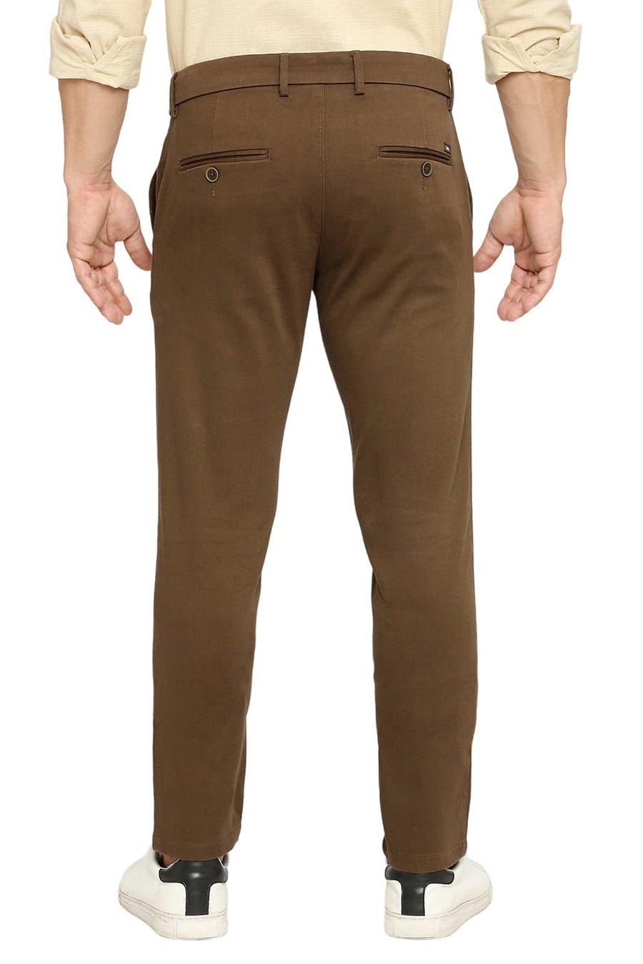 BASICS TAPERED FIT DESERT BROWN COTTON STRETCH DOBBY TROUSERS
