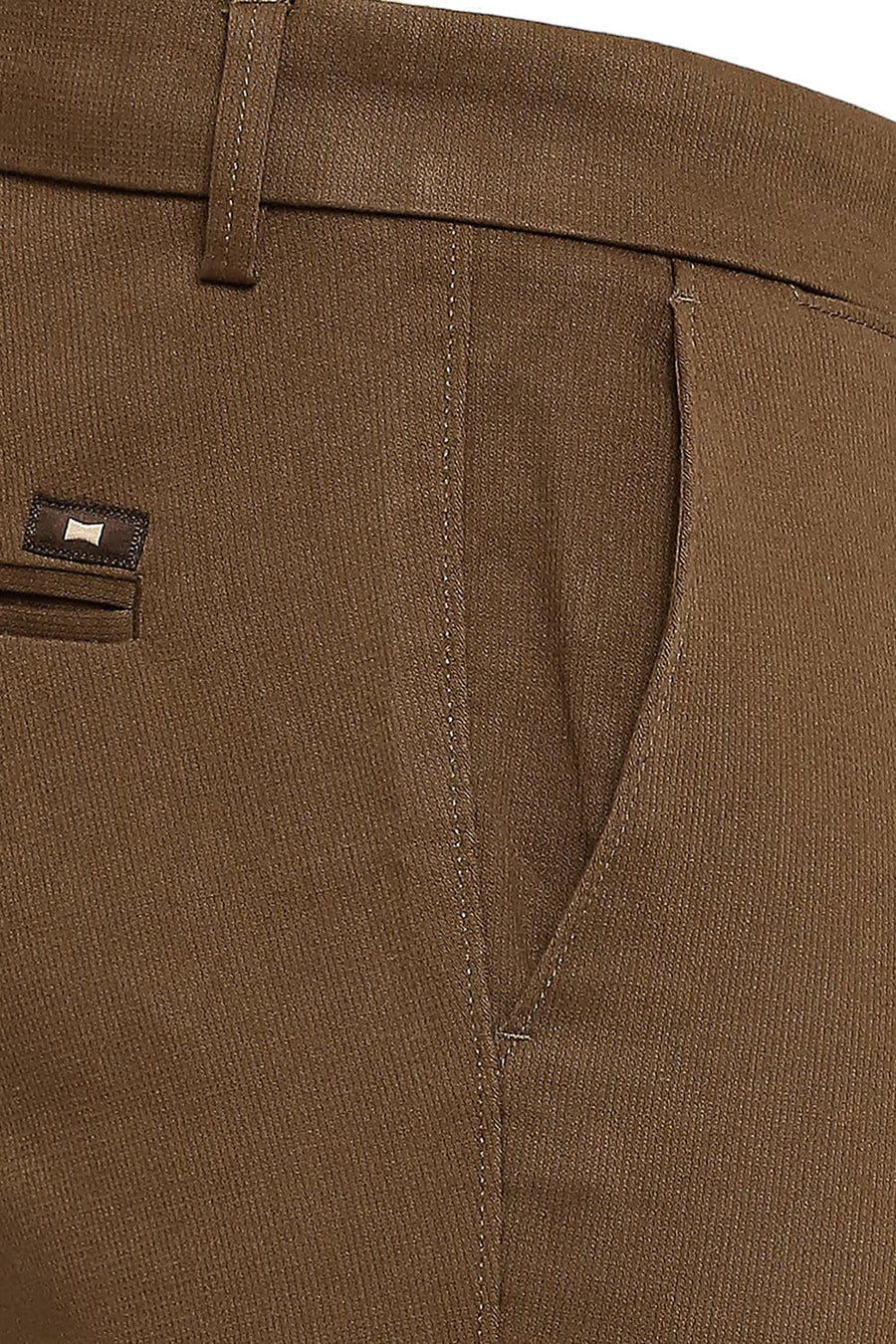 BASICS TAPERED FIT DESERT BROWN COTTON STRETCH DOBBY TROUSERS