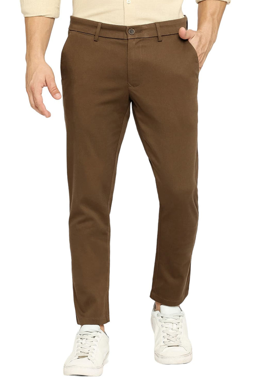 BASICS TAPERED FIT DESERT BROWN COTTON STRETCH DOBBY TROUSERS