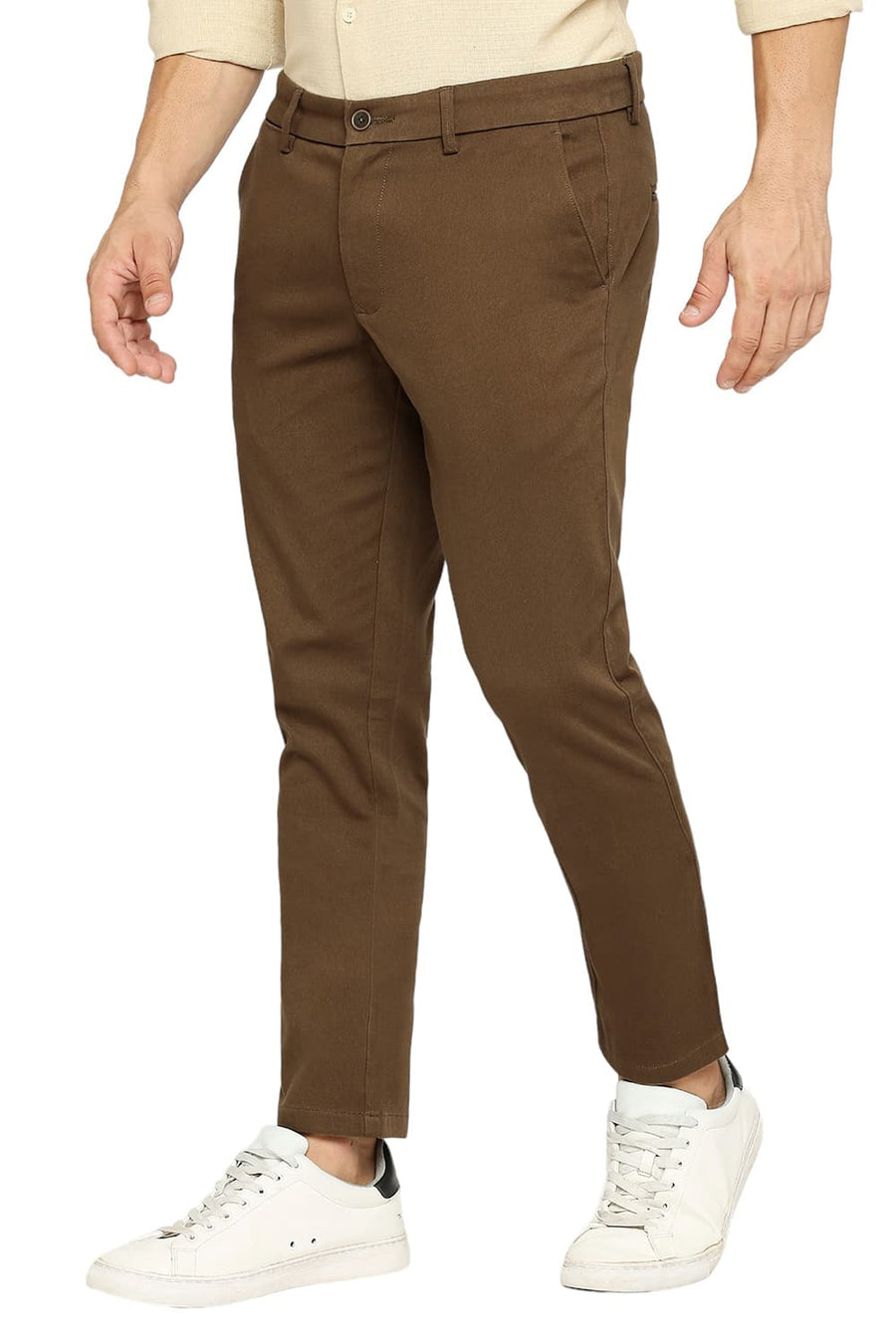 BASICS TAPERED FIT DESERT BROWN COTTON STRETCH DOBBY TROUSERS
