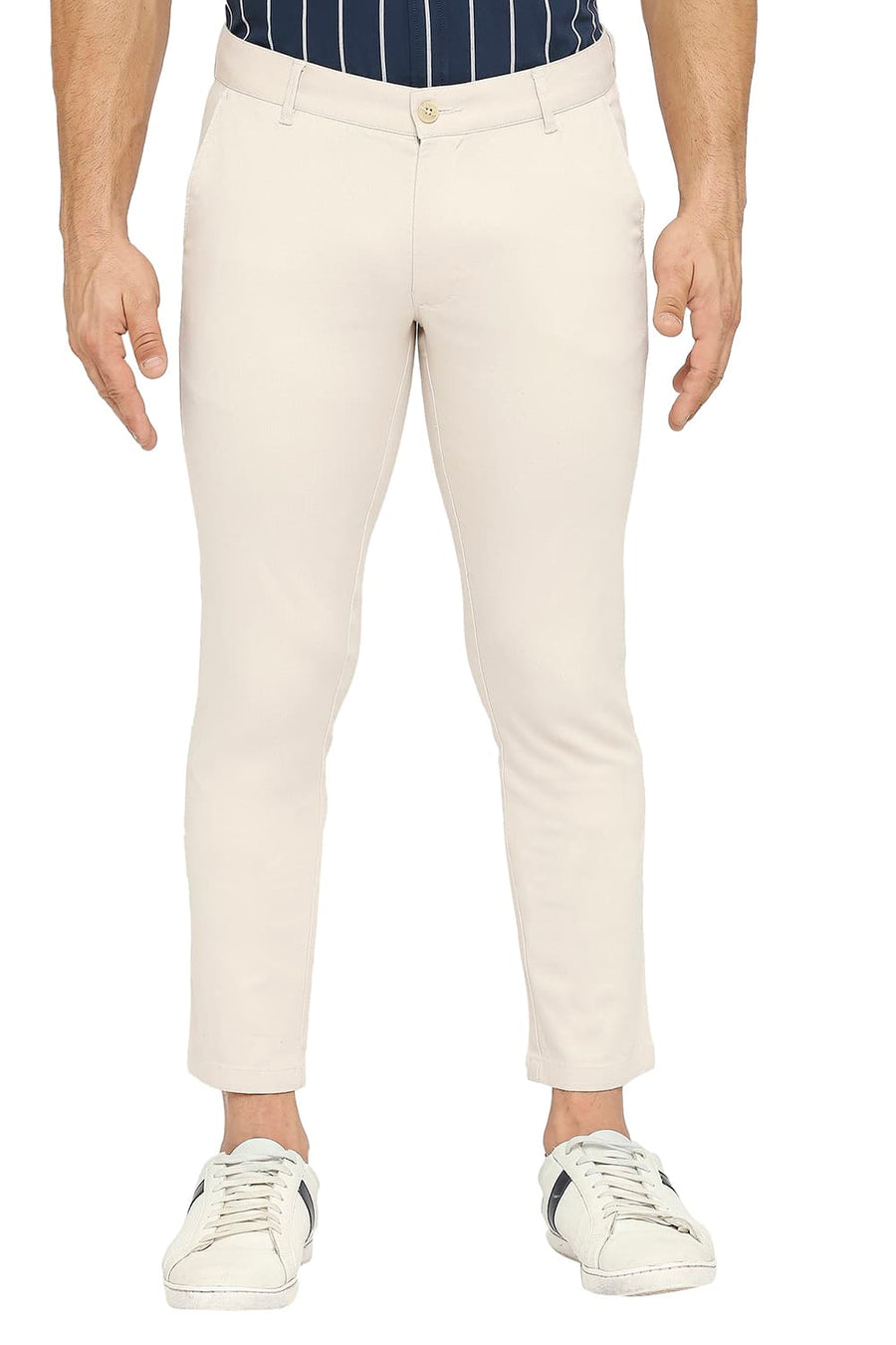BASICS TAPERED FIT ECRU SMOKE COTTON STRETCH DOBBY TROUSERS