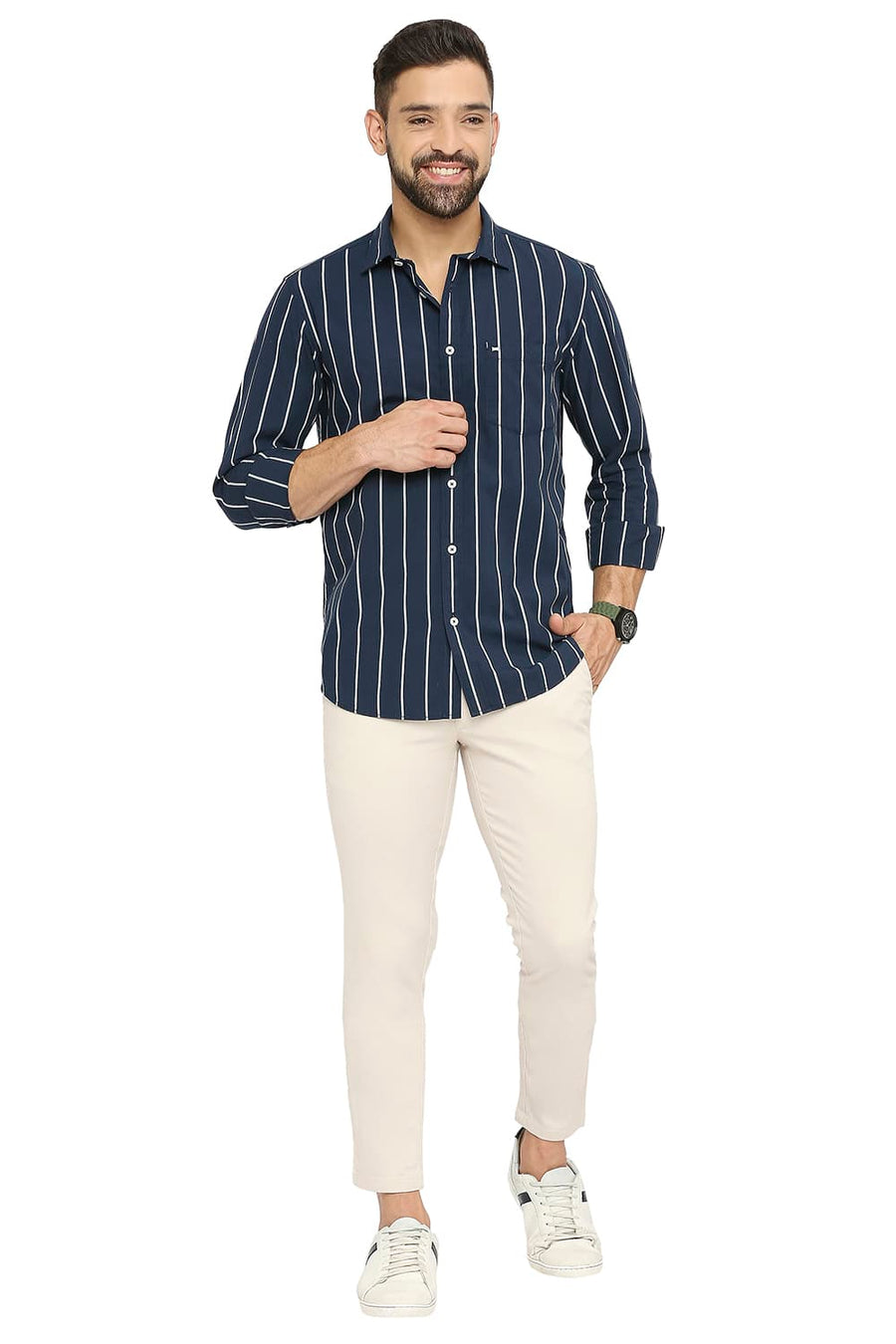 BASICS TAPERED FIT ECRU SMOKE COTTON STRETCH DOBBY TROUSERS