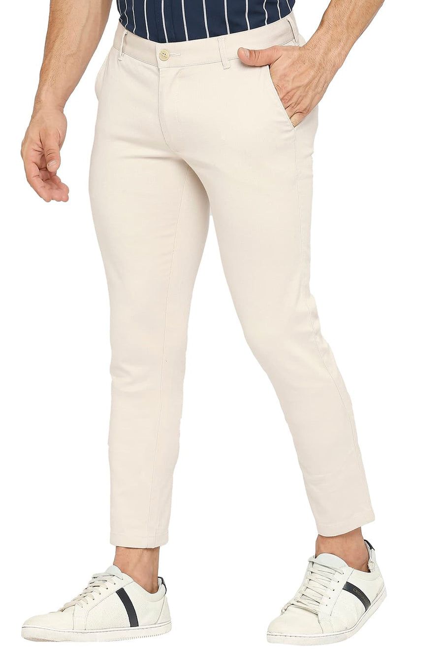 BASICS TAPERED FIT ECRU SMOKE COTTON STRETCH DOBBY TROUSERS