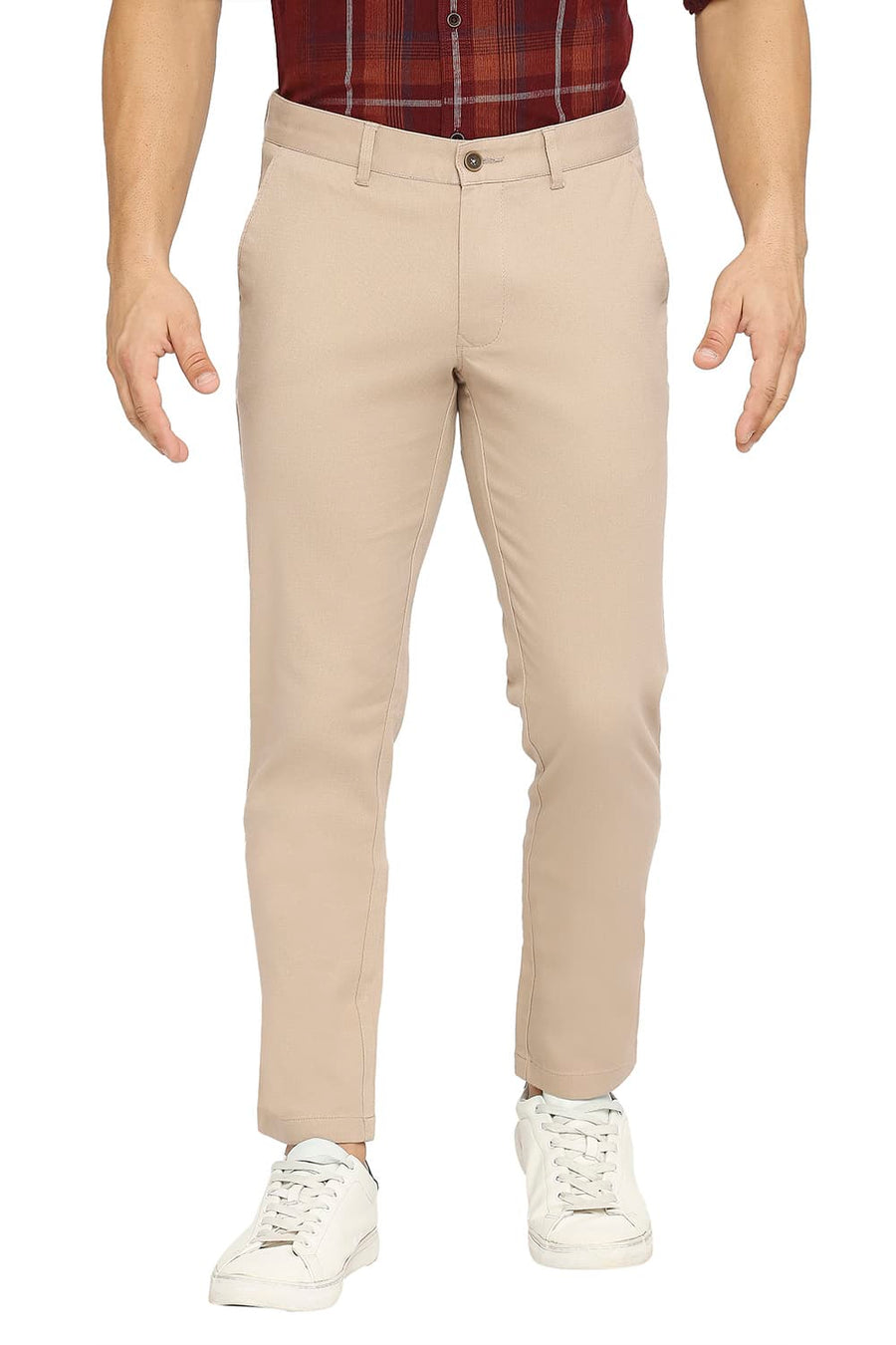 BASICS TAPERED FIT WARM TAUPE BROWN COTTON STRETCH DOBBY TROUSERS