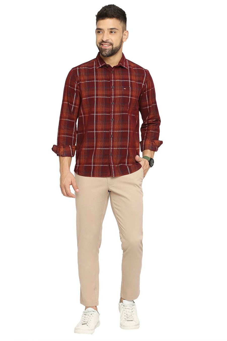 BASICS TAPERED FIT WARM TAUPE BROWN COTTON STRETCH DOBBY TROUSERS