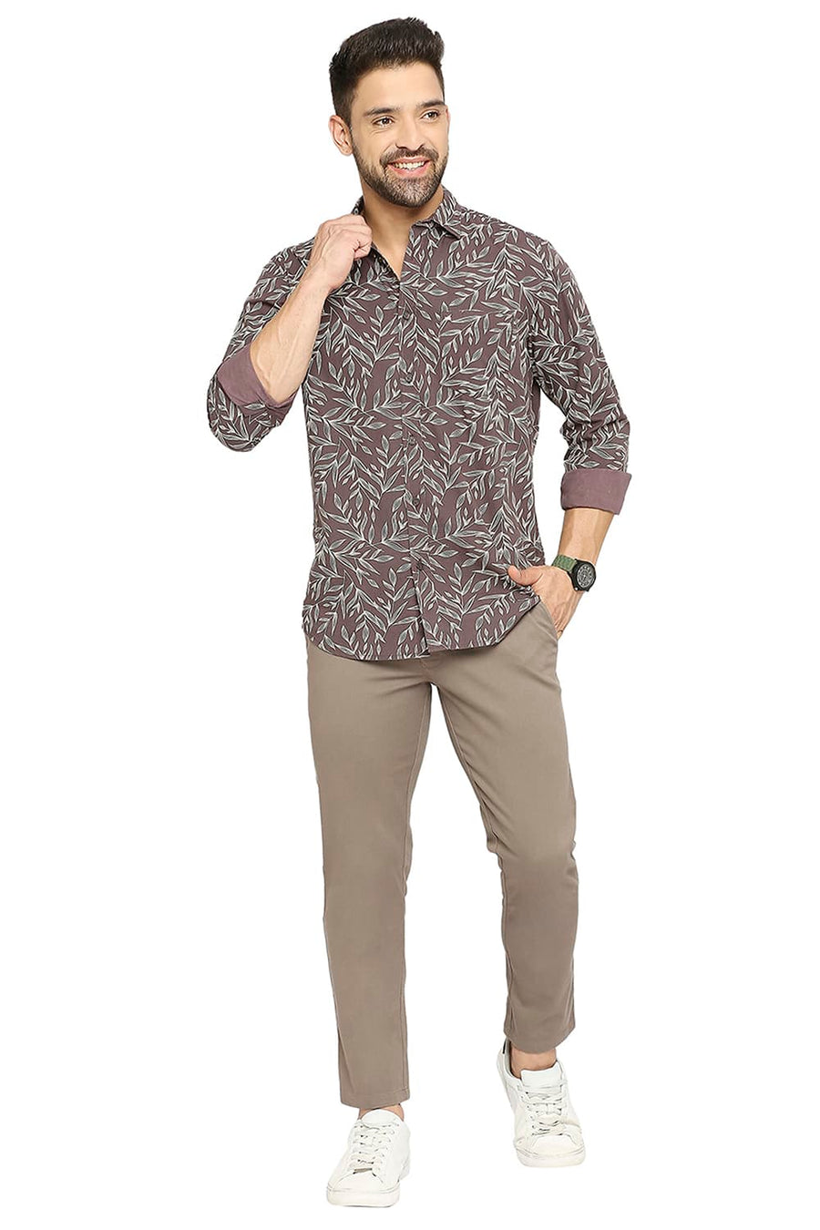 BASICS TAPERED FIT MOREL GREY COTTON STRETCH DOBBY TROUSERS