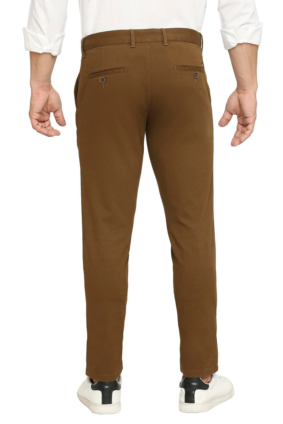 BASICS TAPERED FIT SEPIA BROWN COTTON STRETCH DOBBY TROUSERS