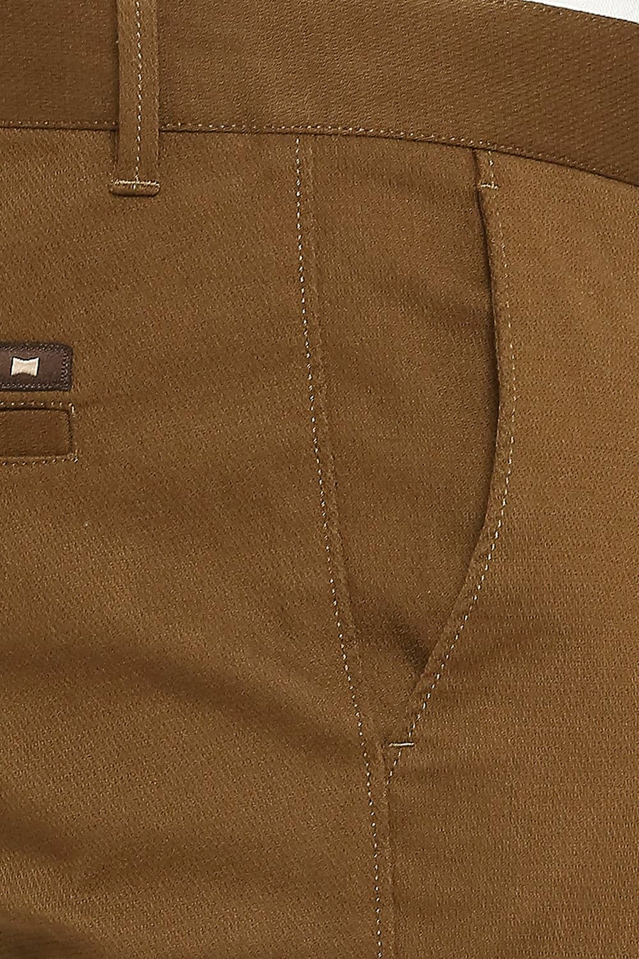 BASICS TAPERED FIT SEPIA BROWN COTTON STRETCH DOBBY TROUSERS