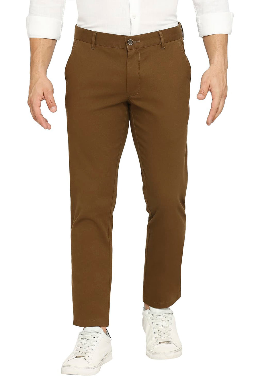 BASICS TAPERED FIT SEPIA BROWN COTTON STRETCH DOBBY TROUSERS