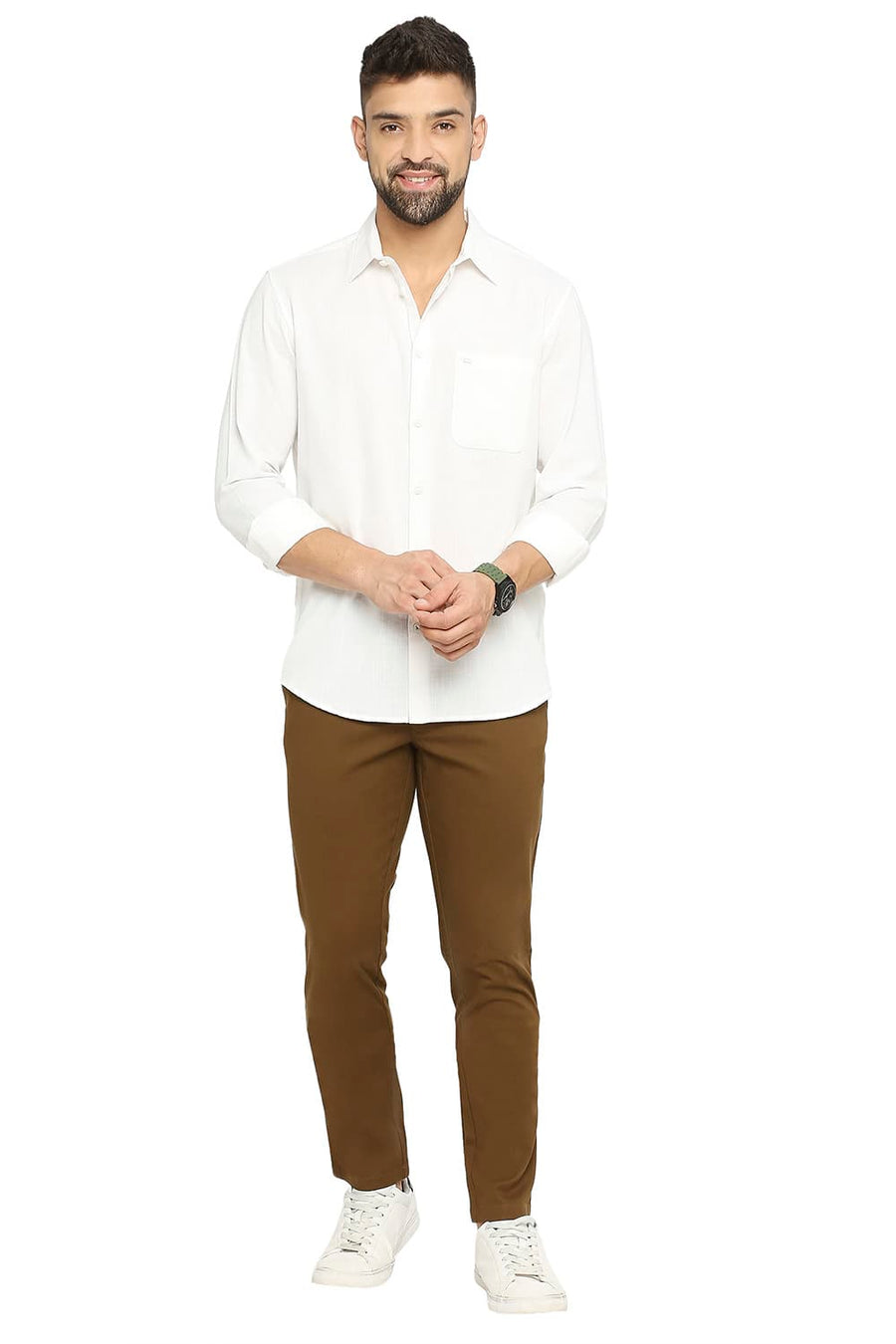 BASICS TAPERED FIT SEPIA BROWN COTTON STRETCH DOBBY TROUSERS