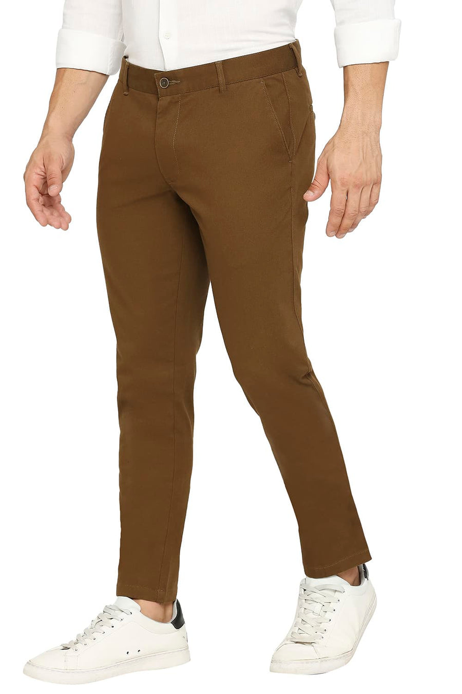 BASICS TAPERED FIT SEPIA BROWN COTTON STRETCH DOBBY TROUSERS