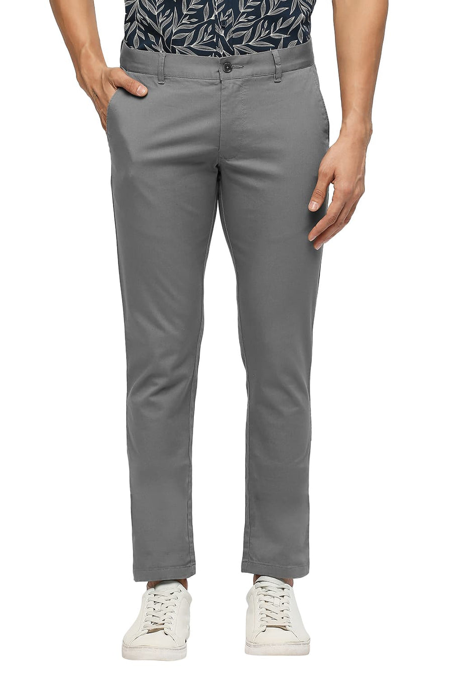 BASICS TAPERED FIT DARK GULL GREY COTTON STRETCH DOBBY TROUSERS