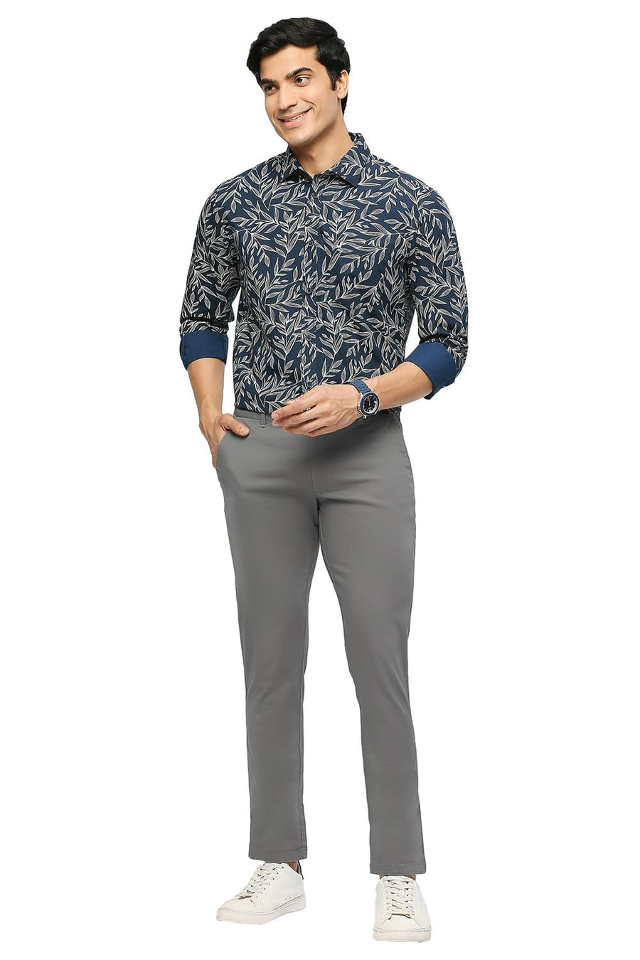 BASICS TAPERED FIT DARK GULL GREY COTTON STRETCH DOBBY TROUSERS