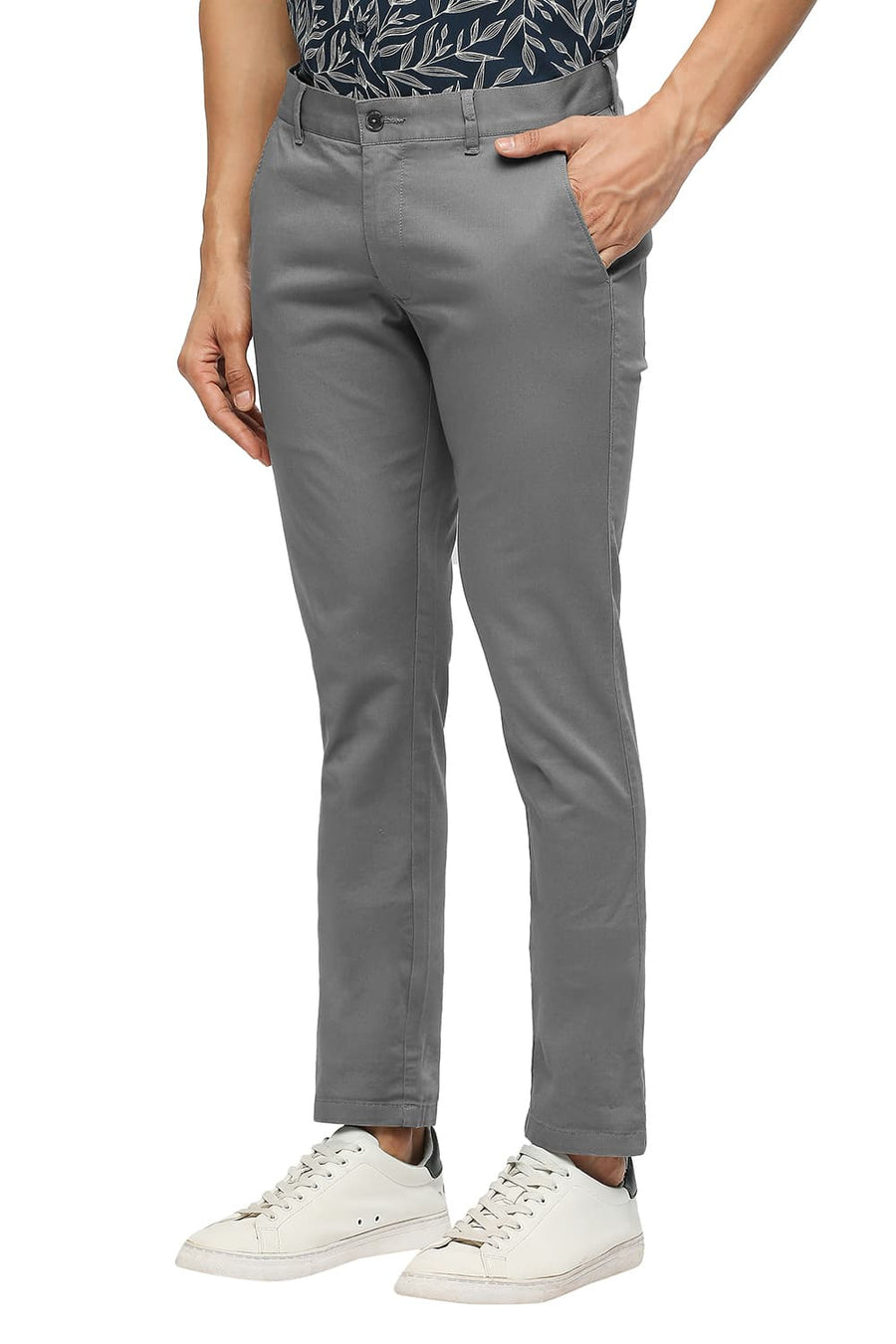 BASICS TAPERED FIT DARK GULL GREY COTTON STRETCH DOBBY TROUSERS