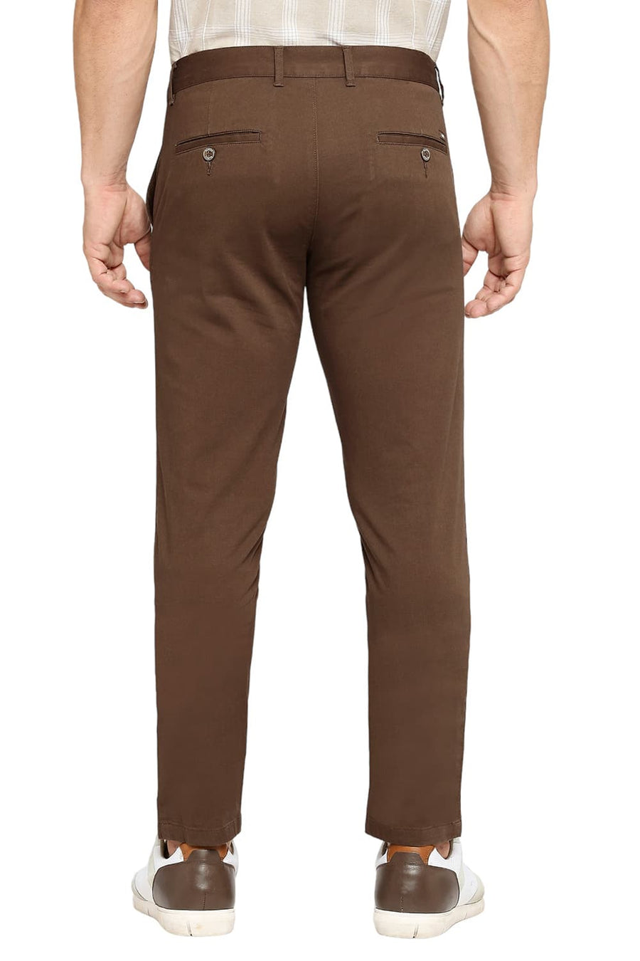 BASICS TAPERED FIT TEAK BROWN COTTON STRETCH DOBBY TROUSERS