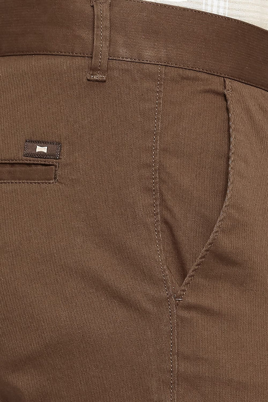 BASICS TAPERED FIT TEAK BROWN COTTON STRETCH DOBBY TROUSERS