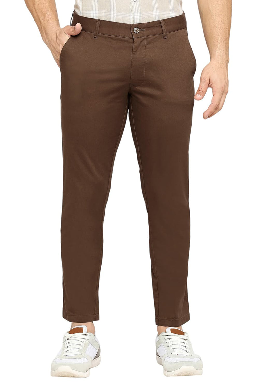 BASICS TAPERED FIT TEAK BROWN COTTON STRETCH DOBBY TROUSERS