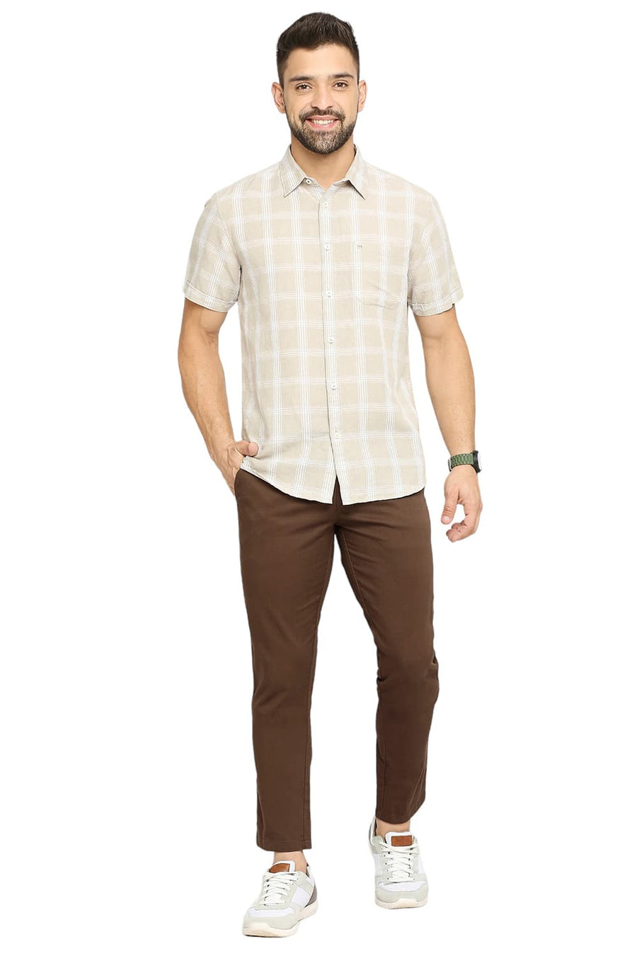BASICS TAPERED FIT TEAK BROWN COTTON STRETCH DOBBY TROUSERS