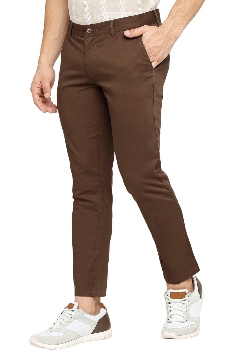 BASICS TAPERED FIT TEAK BROWN COTTON STRETCH DOBBY TROUSERS