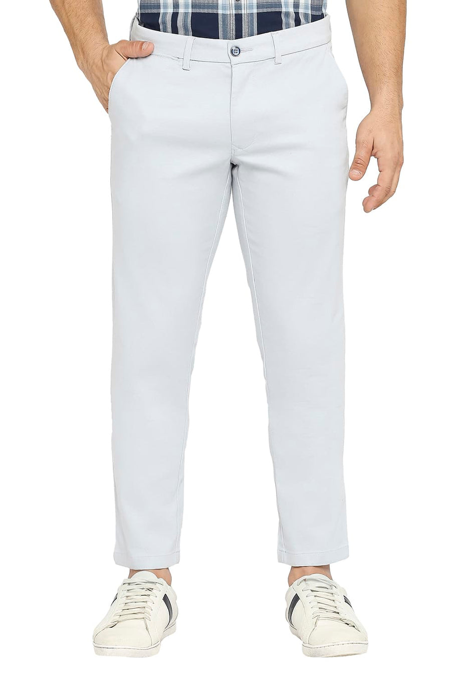 BASICS TAPERED FIT BLUE FOG COTTON STRETCH DOBBY TROUSERS