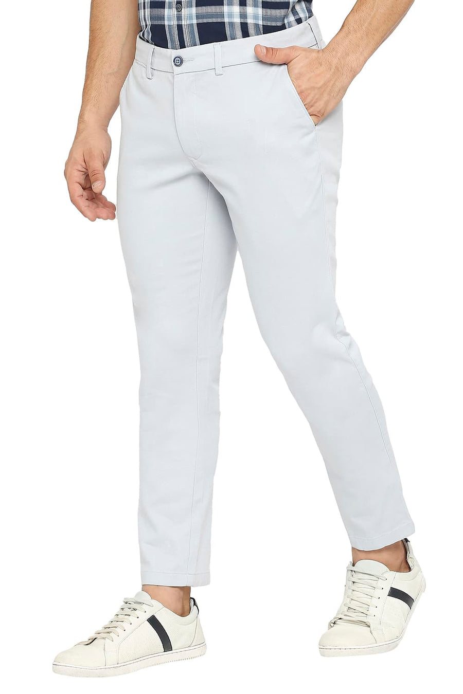 BASICS TAPERED FIT BLUE FOG COTTON STRETCH DOBBY TROUSERS