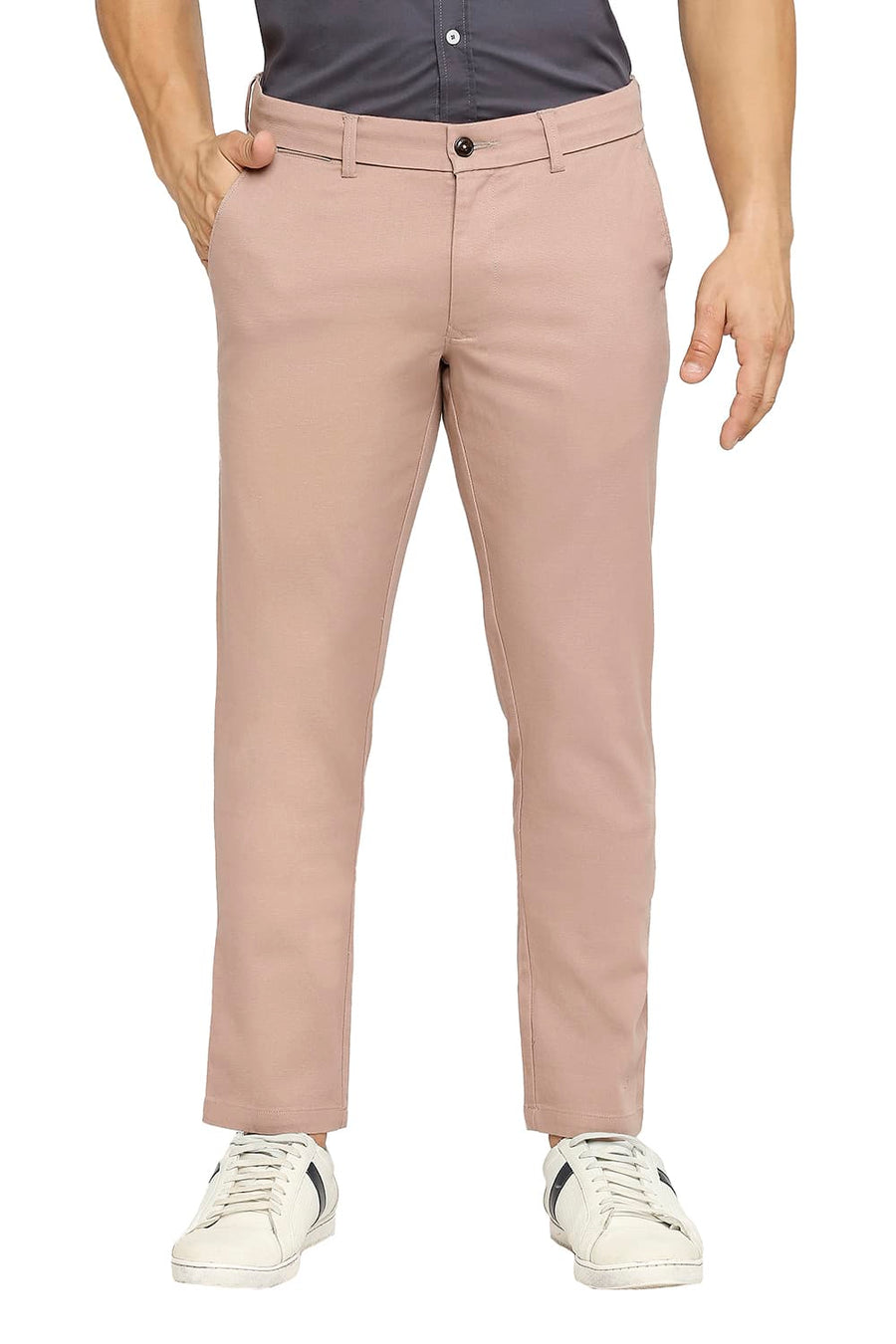 BASICS TAPERED FIT ASH ROSE PEACH COTTON STRETCH DOBBY TROUSERS