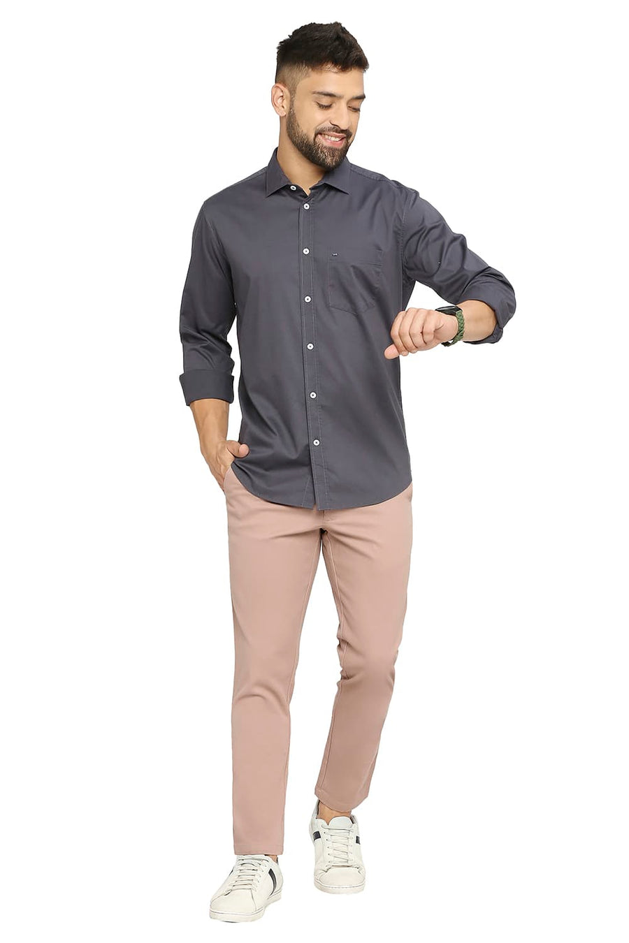 BASICS TAPERED FIT ASH ROSE PEACH COTTON STRETCH DOBBY TROUSERS