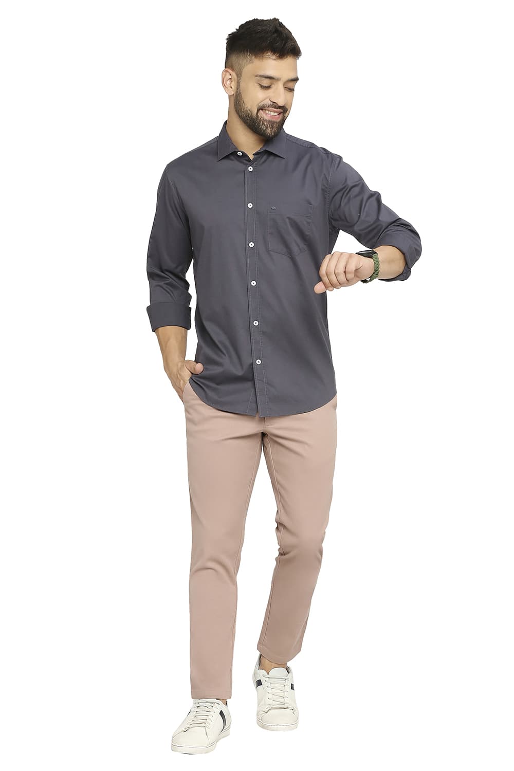 BASICS TAPERED FIT COTTON STRETCH DOBBY TROUSERS