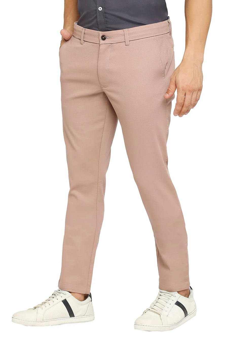 BASICS TAPERED FIT ASH ROSE PEACH COTTON STRETCH DOBBY TROUSERS