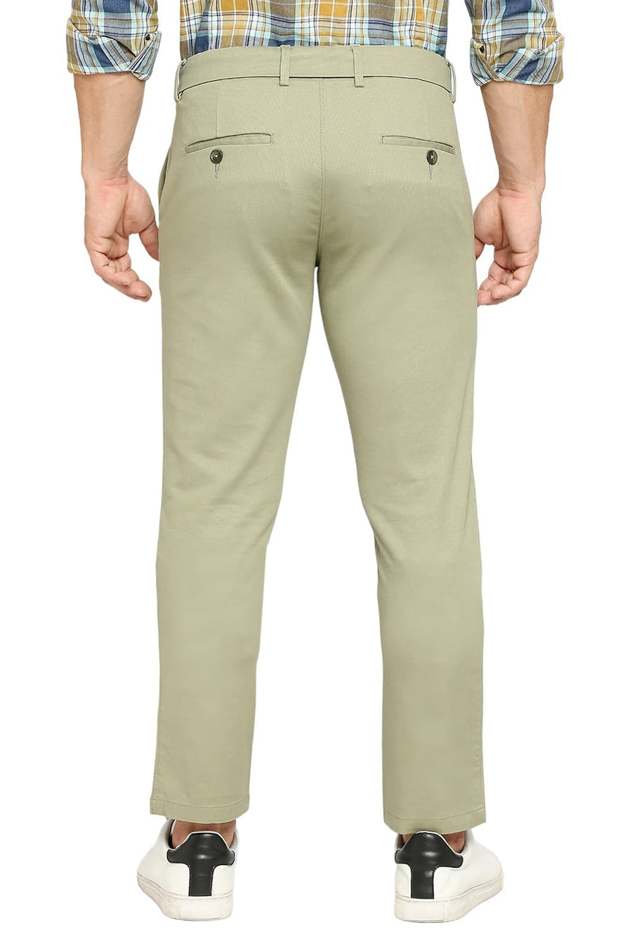 BASICS TAPERED FIT SWAMP GREEN COTTON STRETCH DOBBY TROUSERS