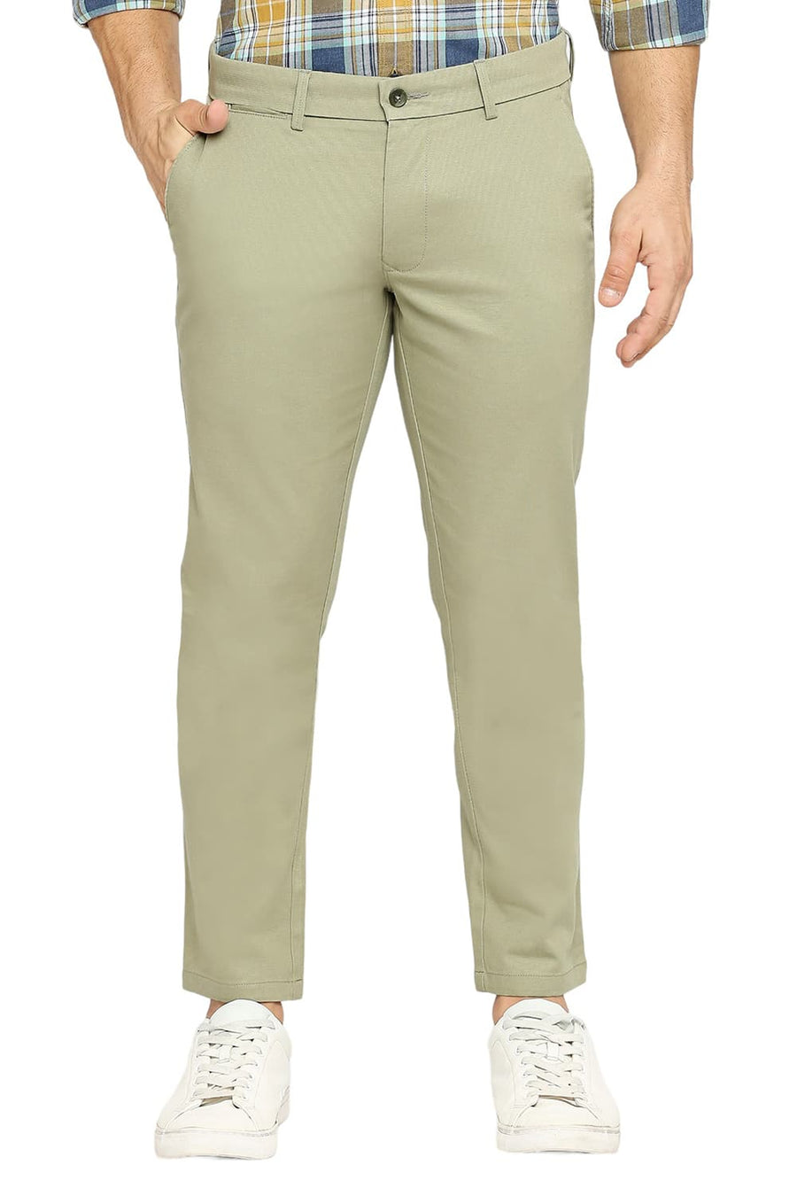 BASICS TAPERED FIT SWAMP GREEN COTTON STRETCH DOBBY TROUSERS