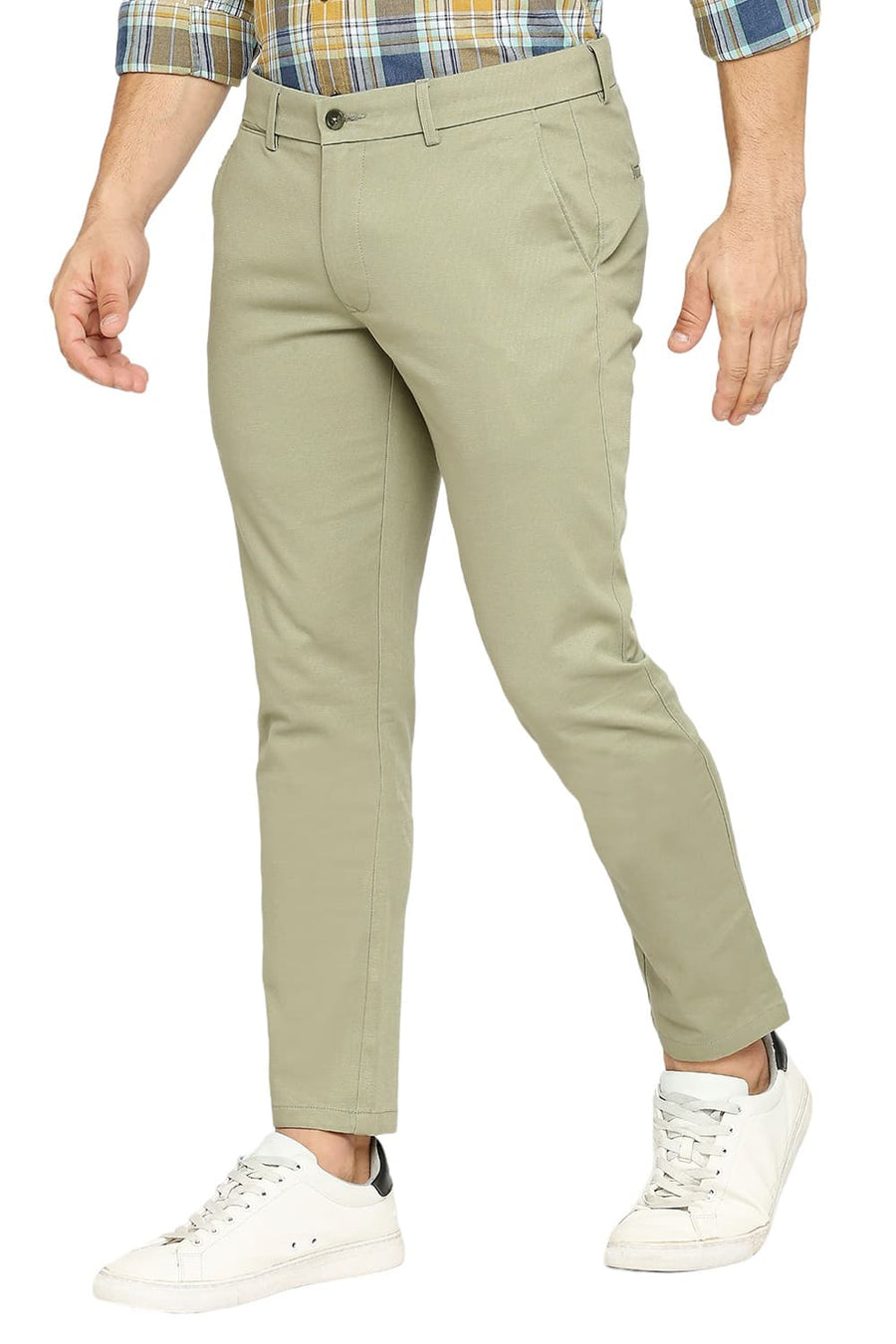 BASICS TAPERED FIT SWAMP GREEN COTTON STRETCH DOBBY TROUSERS