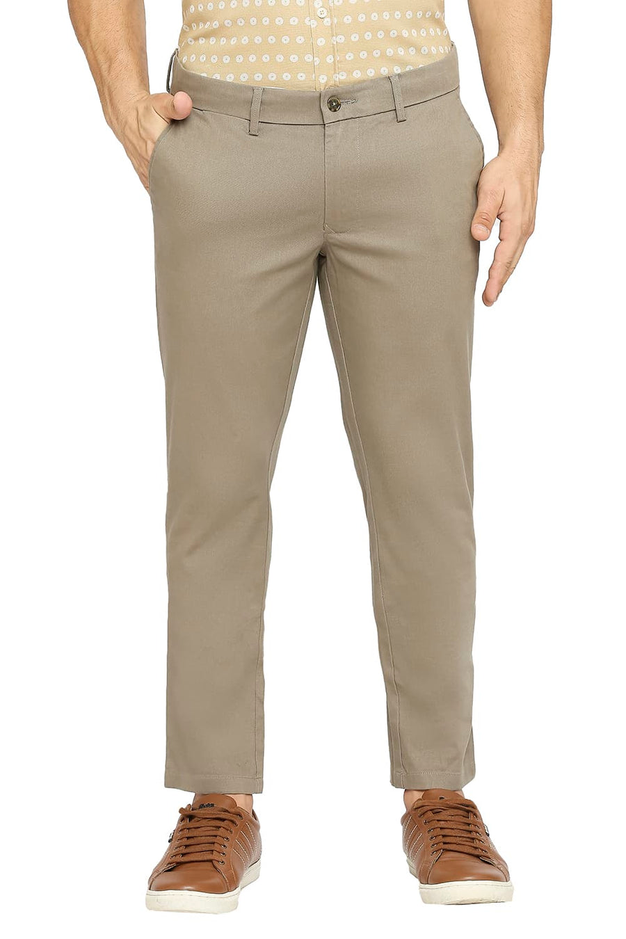BASICS TAPERED FIT DUSKY BROWN COTTON STRETCH DOBBY TROUSERS