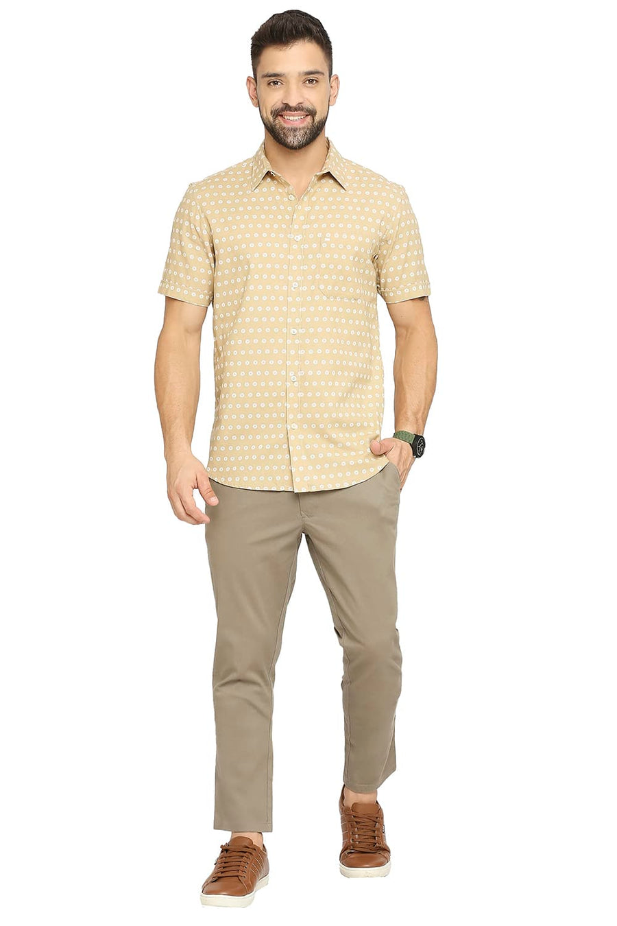 BASICS TAPERED FIT DUSKY BROWN COTTON STRETCH DOBBY TROUSERS