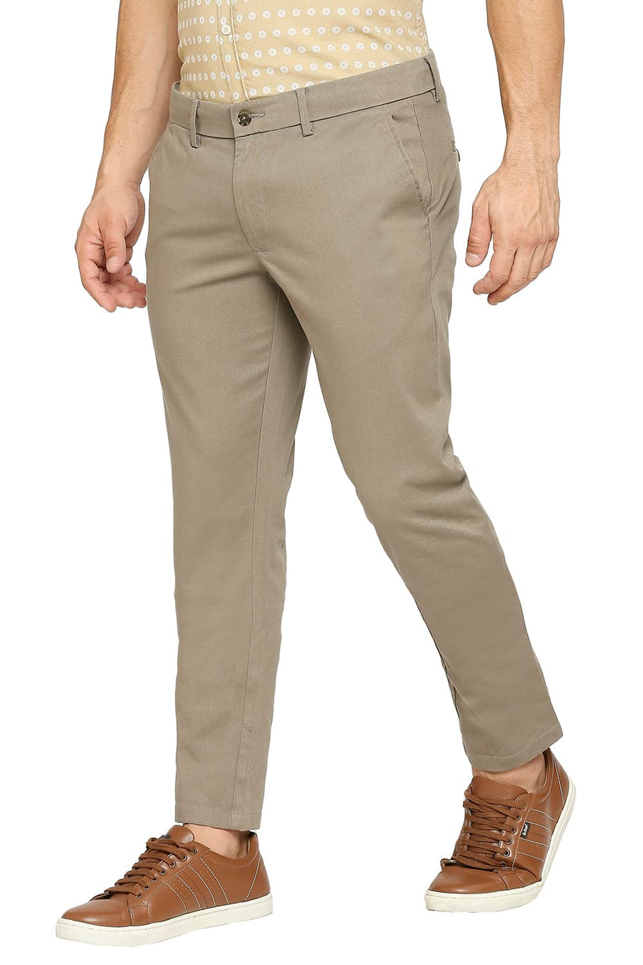 BASICS TAPERED FIT DUSKY BROWN COTTON STRETCH DOBBY TROUSERS