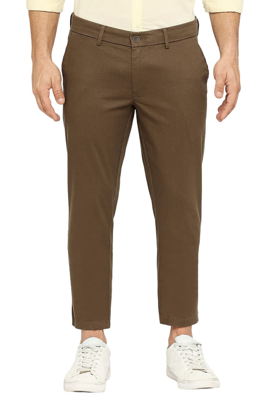 BASICS TAPERED FIT KANGAROO KHAKI COTTON STRETCH DOBBY TROUSERS