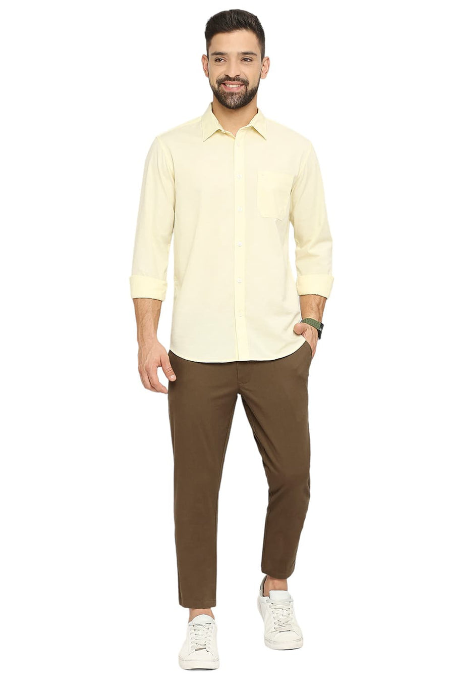 BASICS TAPERED FIT KANGAROO KHAKI COTTON STRETCH DOBBY TROUSERS