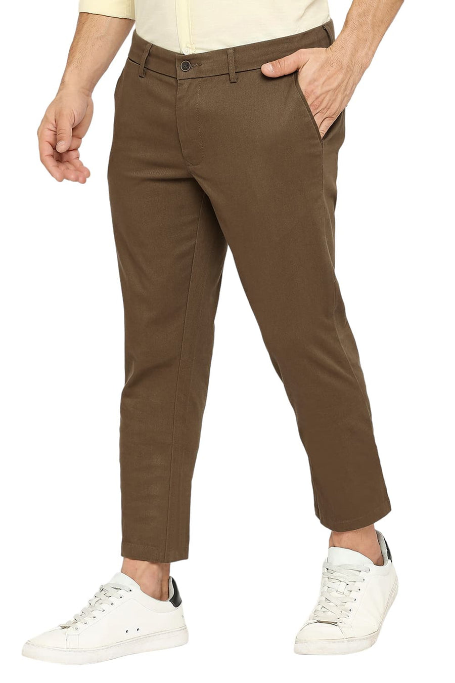 BASICS TAPERED FIT KANGAROO KHAKI COTTON STRETCH DOBBY TROUSERS