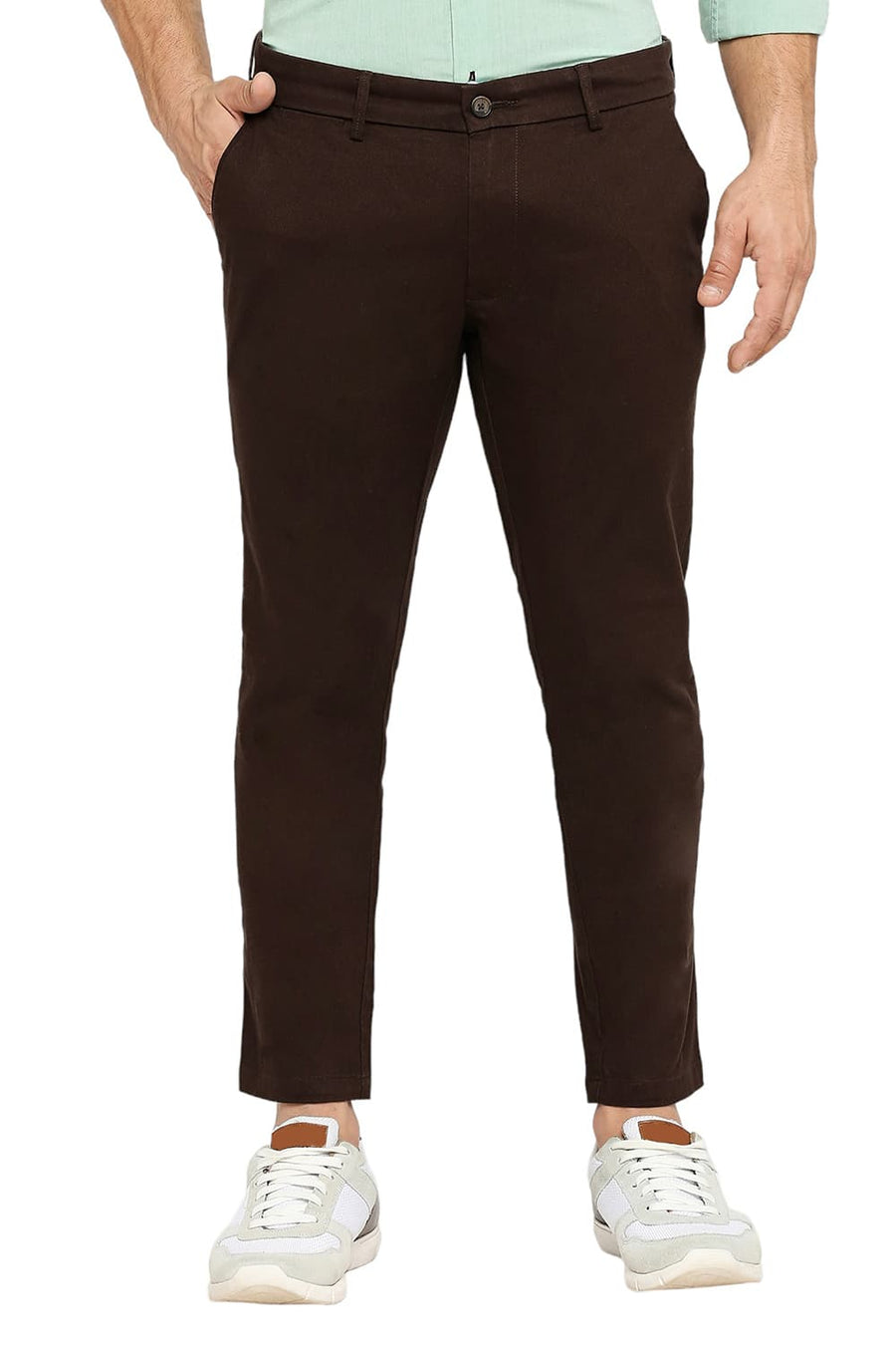 BASICS TAPERED FIT JAVA BROWN COTTON STRETCH DOBBY TROUSERS